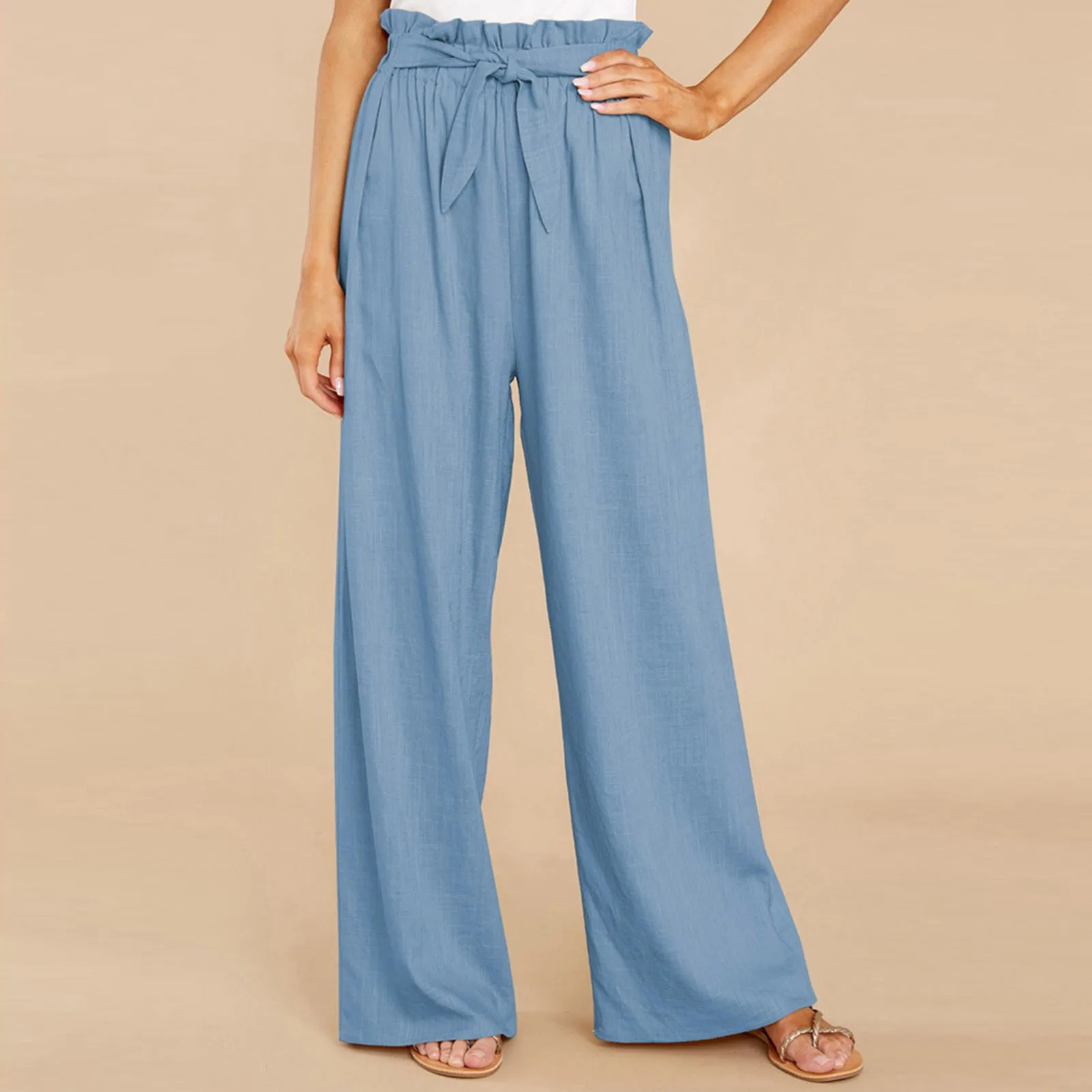 

Summer Casual Pants Women's Loose High Waist Wide-Leg Trousers Female Bandage Solid Pocket Straight Pants Streetwear