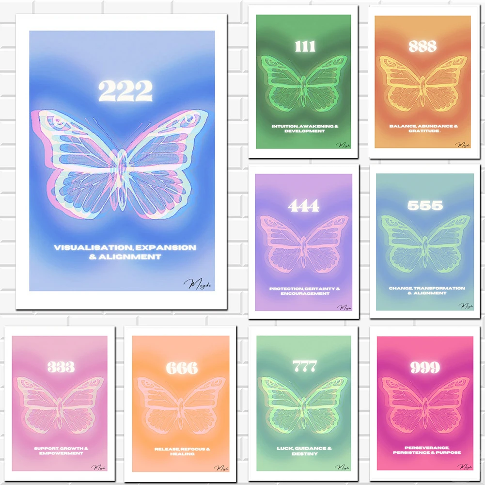 

Colourful Angel Number Butterfly Poster Gradient Aura Canvas Painting Aesthetic Art Prints Wall Picture Living Room Home Decor