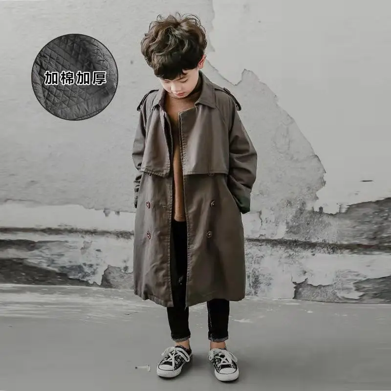 Children Boys Spring Autumn Thin Double Breasted Jackets Solid Turn-down Collar Mid-Length Trench New Fashion Coats Korean boys trench coat