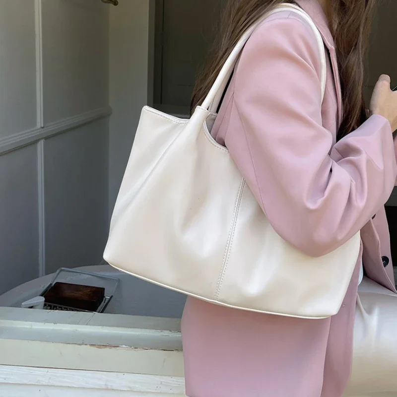 Simple White Shoulder Bag 2026 Women's PU Leather Soft Underarm Tote Bag School Large Capacity Bag Full Student Shopping Handbag