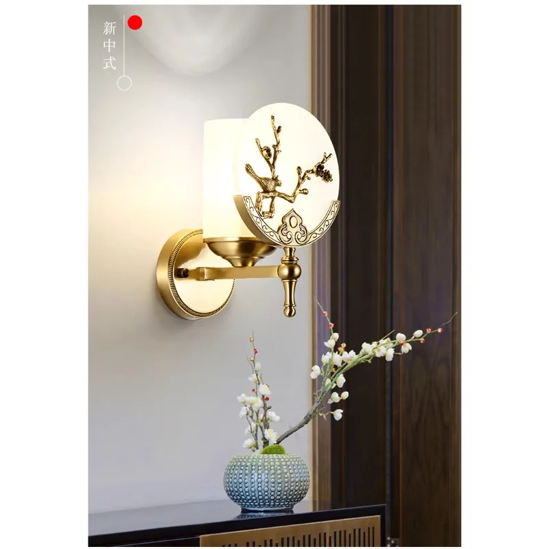 

New Chinese style master bedroom wall lamp all copper marble Chinese style Zen style living room TV background wall