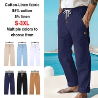 Pantalon en lin pour homme avec cordon de serrage, décontracté, détails boutonnés, taille élastique, respirant, pour la plage, les vacances, le quotidien, coupe droite, pour homme 6