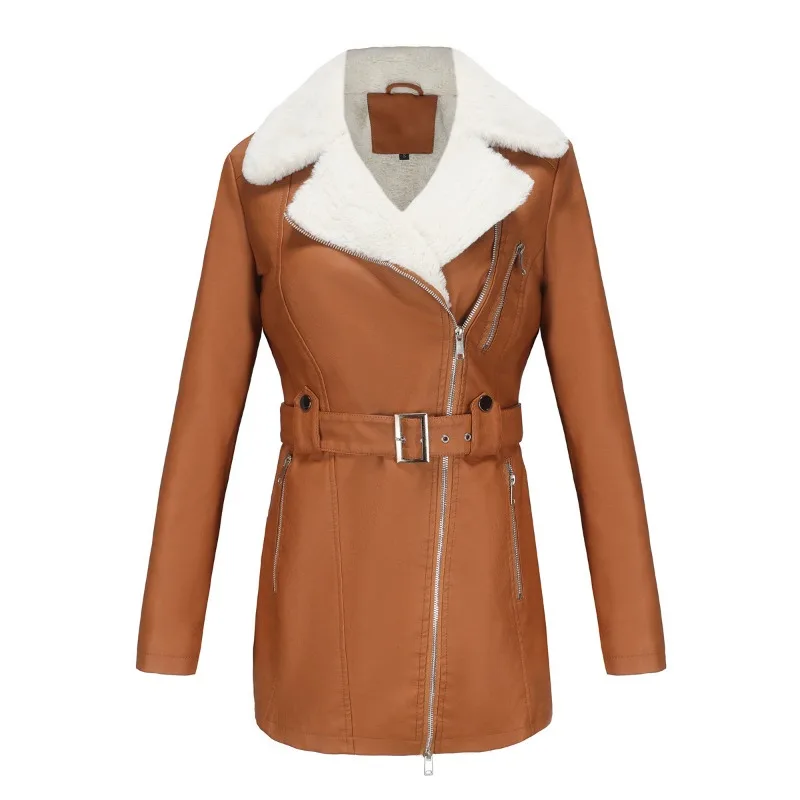 Women's Fleece PU Leather Jacket with Double-Headed Lapel, Warm Outwear, Casual Fashion, Monochromatic, Autumn, Winter, New