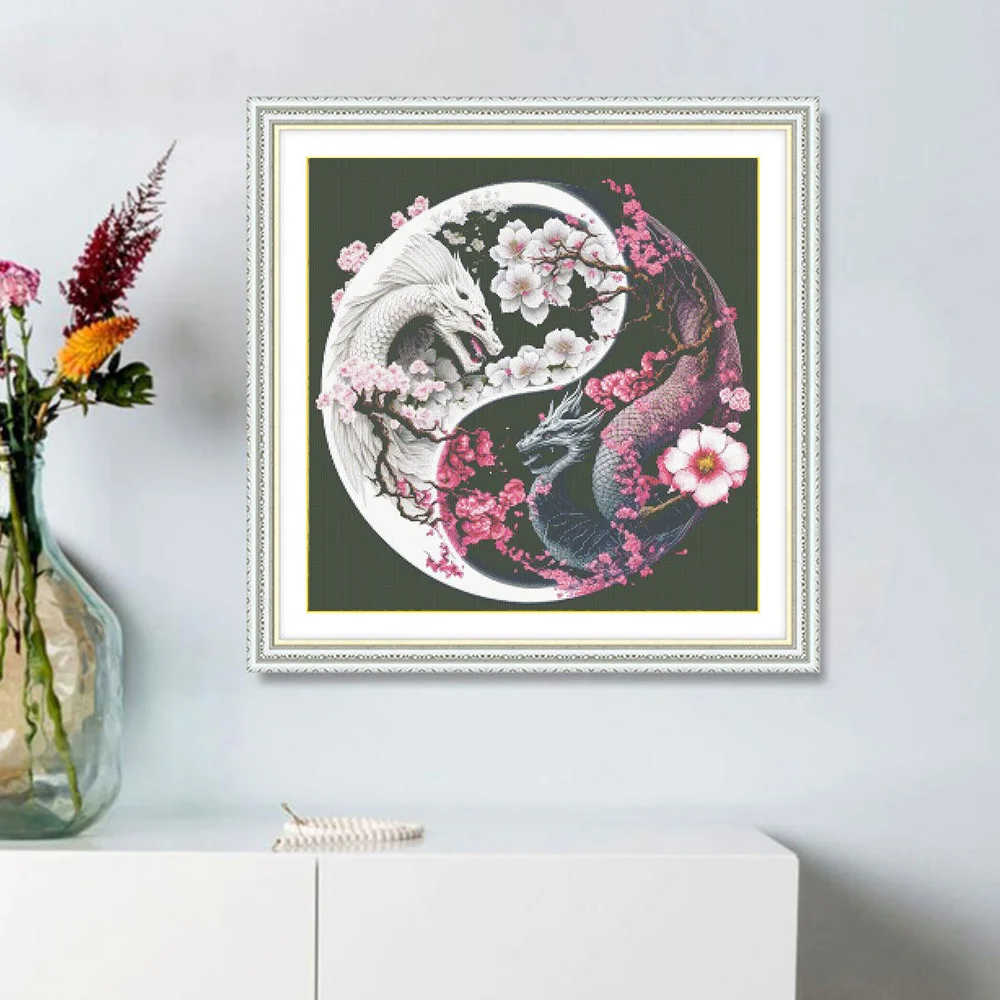 Cross Stitch Kit HUACAN Cross Stitch Dragon Animals DIY Handmade Printed Fabric Embroidery Flower Kits Home Decoration Needlework 50x50cm 11CT