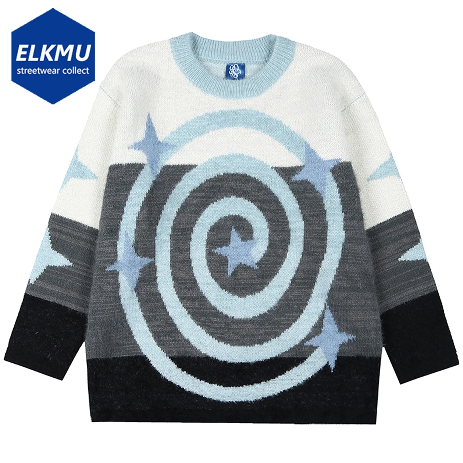 

Men Knitted Sweaters Star Color Block Patchwork Loose Pullover Sweater Hip Hop Streetwear Oversized Sweater Jumper Fall Winter