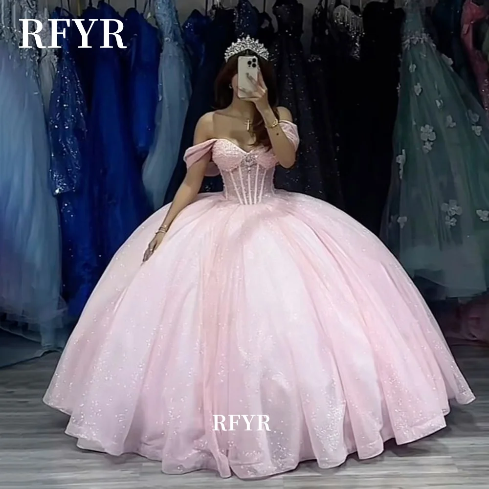 RFYR A Line Quinceanera Dresses Puffy Pricess Shiny Prom Gown Calssic Ball Gown 15 year old dress Vestidos de gala Customized