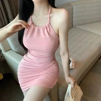 Summer Slim Fit Halter Dress Women's Waist Cinched Elastic Sweet And Spicy Girl Neck Hanging Short Skirt Mini Dress