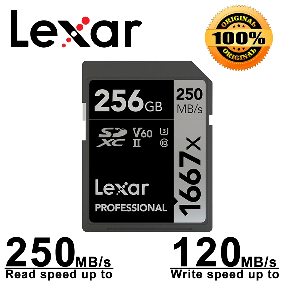 thumbnail image 1 of Original Lexar Professional 64GB 128GB 256GB SD Card 1667x Memory Card 250MB/s Flash Card SDXC U3 V60 SD Card UHS-II For Camera, 1 of 5