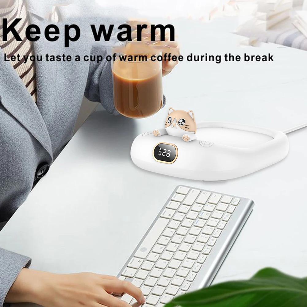 65 Degree Cartoon Cat Heating Coaster 8H Auto Shut Off 220V Coffee Warmer Plate Cup Heating Pad for for Office and Home Desk Use