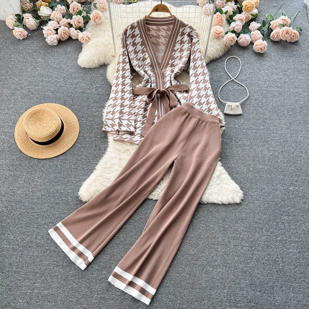

Xiaoxiangfeng Two-piece Autumn Women's Houndstooth Long-sleeved Sweater Cardigan Coat High Waist Drape Casual Long Pants