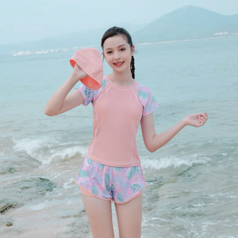 Two-Piece Swimsuit Trouser Short Sleeve Leaf Print Swimwear Children Swimming Suit Split Sunscreen Quick Drying Wear for Girls