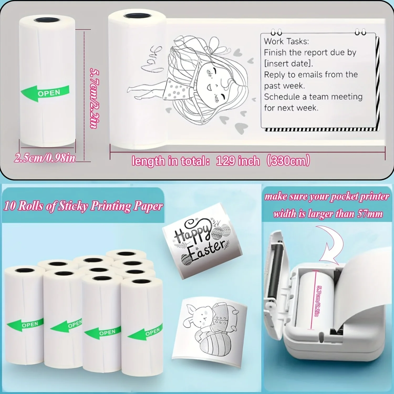 15롤 흰색 감열 스티커 용지 57x25mm C13/C15/C17/C19 미니 프린터 스티..