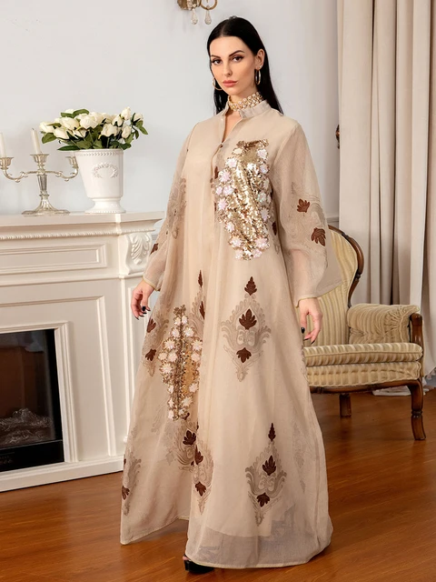 Long Dresses For Women Muslim Abayat Sequins Embroidered Casual Loose Ladies Dress Moroccan Kaftan 2022