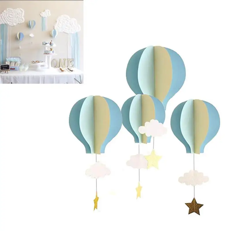 4pcs Hot Air Balloon 3D Paper Pendant Clouds Stars Wall Hanging Kids Bedroom Home Decor Wind Chimes Hanging Decorations 5