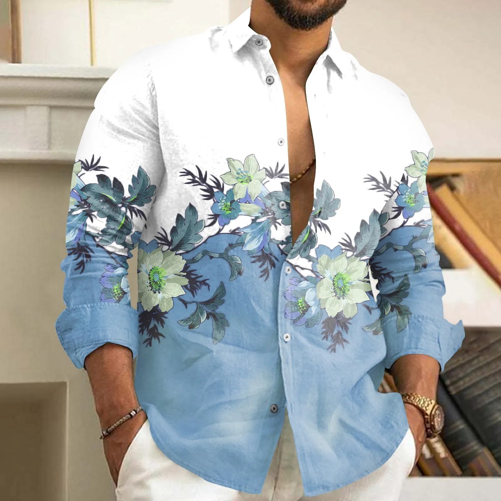

2023 Autumn Men Shirt Slim Floral Print Long Sleeve Shirts Fashion Party Holiday Casual Clothes Lapel Flower Top Homme