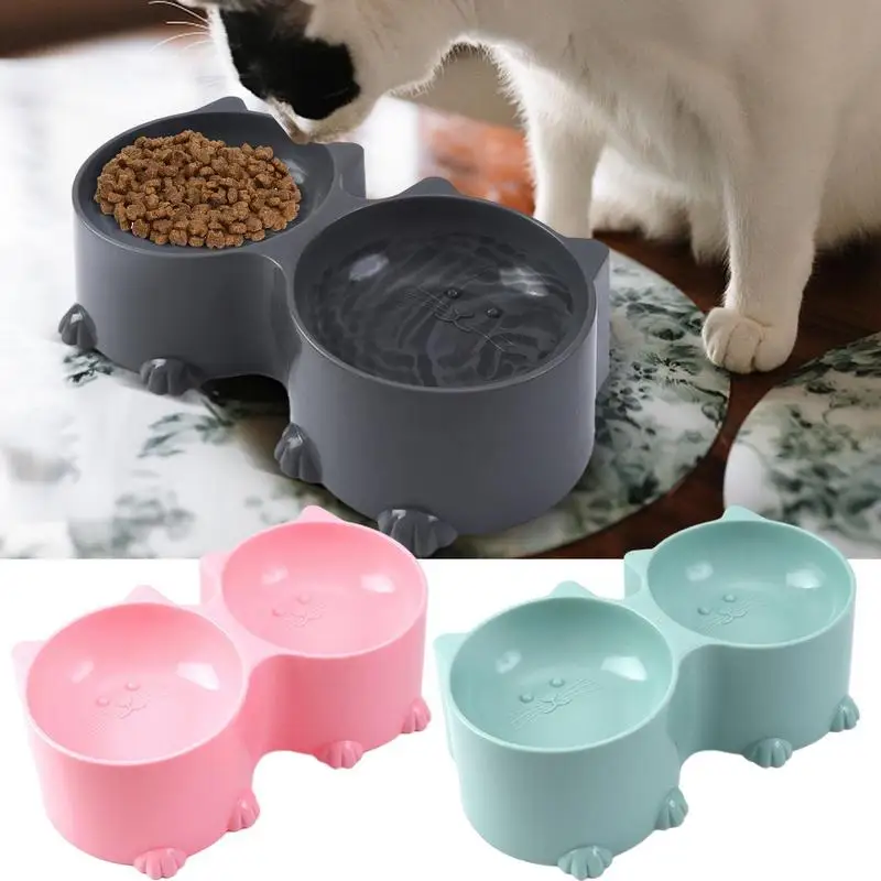 

1pcs Double Dog Cat Bowls Pet Water Food Feeder Bowls With Cat Design Tilted Protective Pet Feeding Bowl For Small Kitten Puppy