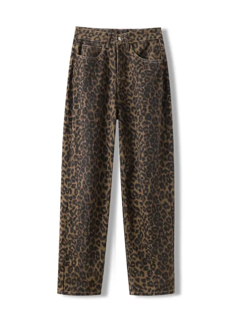 Jean imprimé léopard pour femmes, taille haute, mode rétro Y2k, pantalon en Denim, Hip Hop, jambes droites et larges, Baggy 1