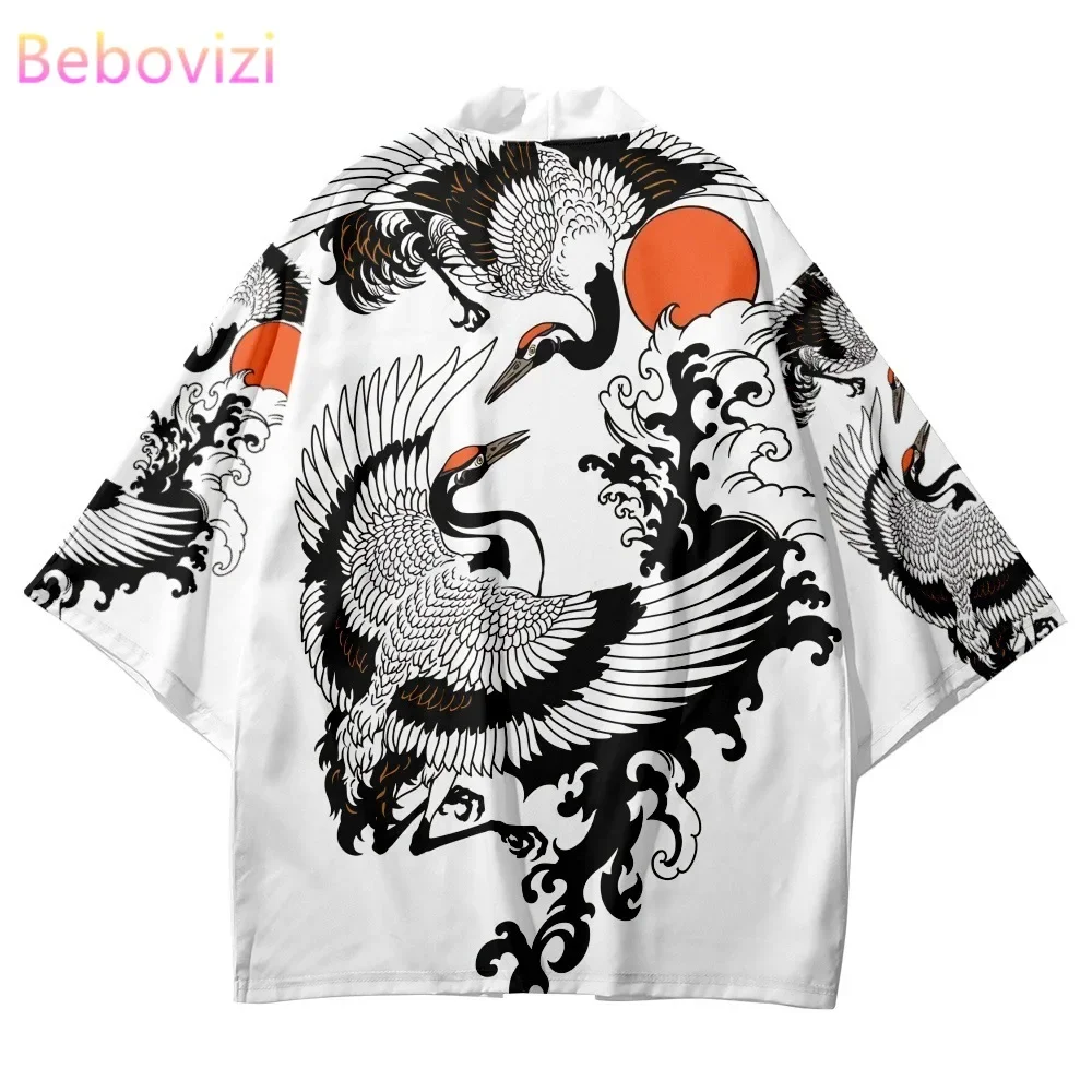

Beach Women Men Cosplay Haori Yukata Traditional Asian Shirts Clothing 2023 Japanese Style White Crane Print Cardigan Kimono