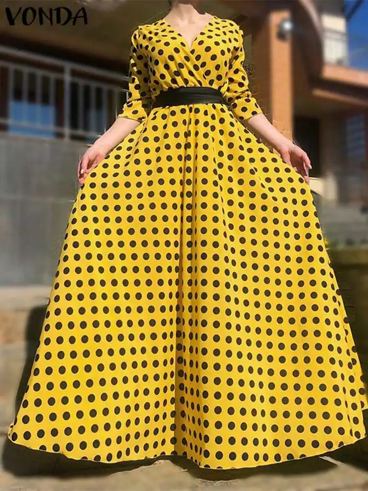 

VONDA Women Sundress 2024 Women Party Maxi Dress Fashion Ruffled Dress Vintage Dot Printed Elegant Party Robe Femme Vestidos