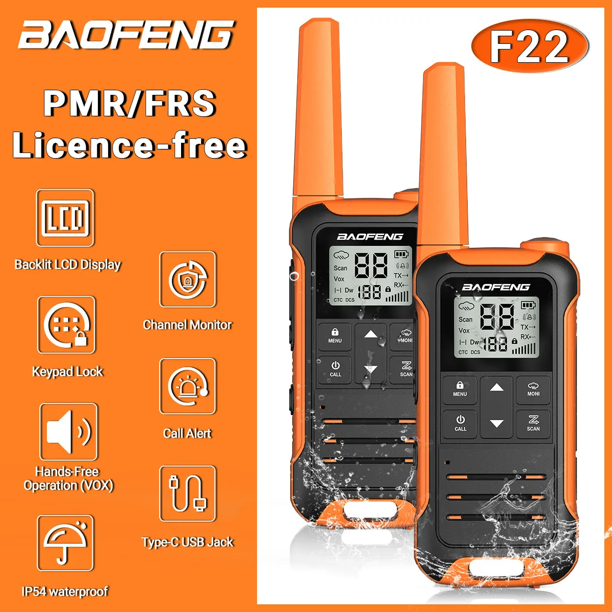 2pcsBaofengF22MiniWalkieTalkieWaterproofRechargeableTypec