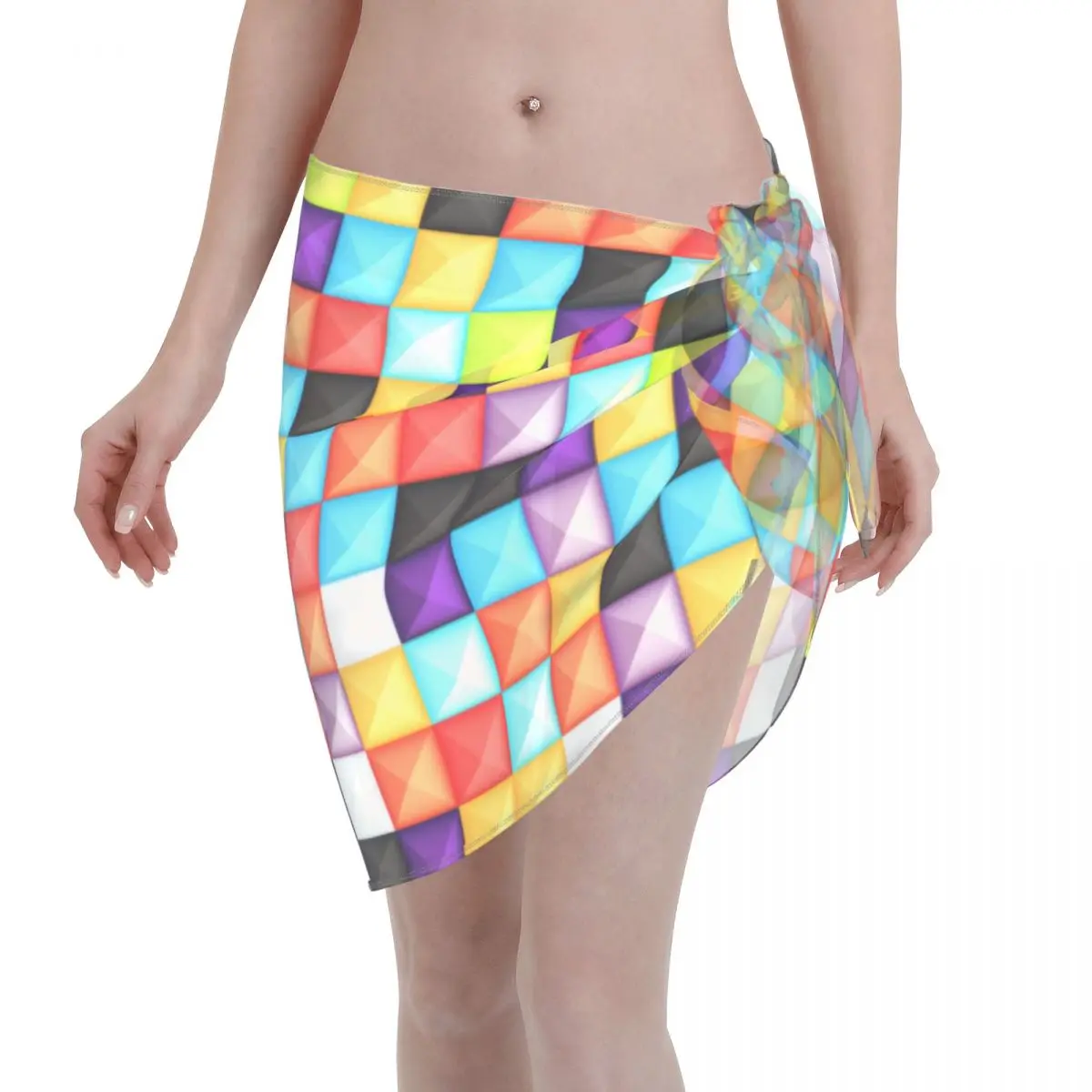 

Сексуальная женская Пляжная накидка на бикини с 3d пластиковыми квадратами, шифоновая одежда для плавания, пляжная одежда, накидка на бикини с геометрическим рисунком, юбка, купальники