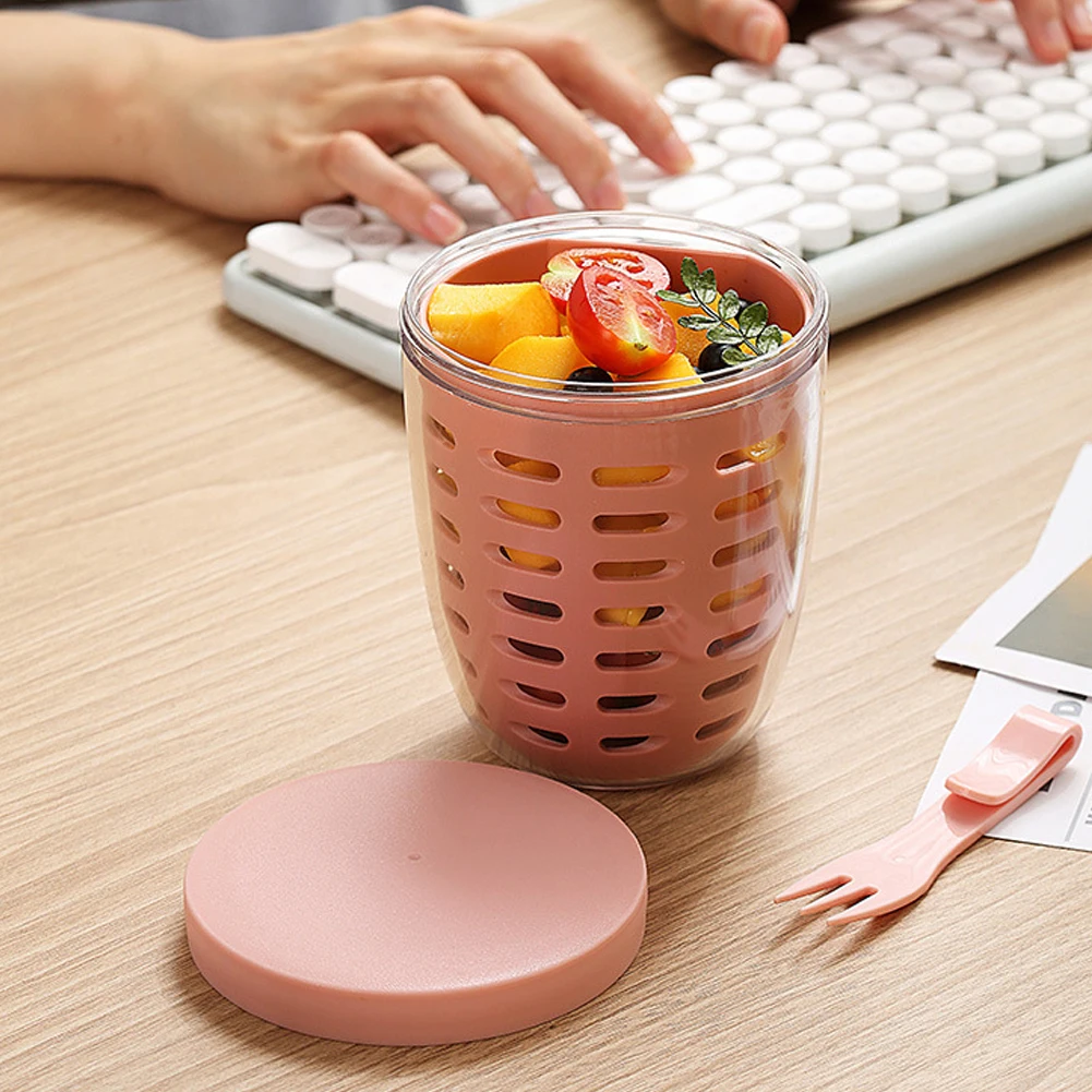 

Double Layer Drain Fruit Cup With Fork Sealed Leak-proof Salad Storage Cup For Home Kitchen