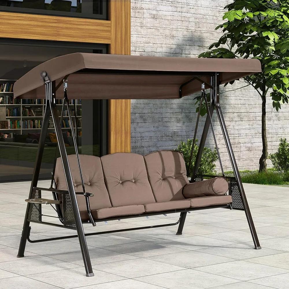 

Swing Sets for Backyard, 3 Seat and Weather Resistant Steel Frame, Adjustable Tilt Canopy, Cushions and Pillow, Outdoor Swing