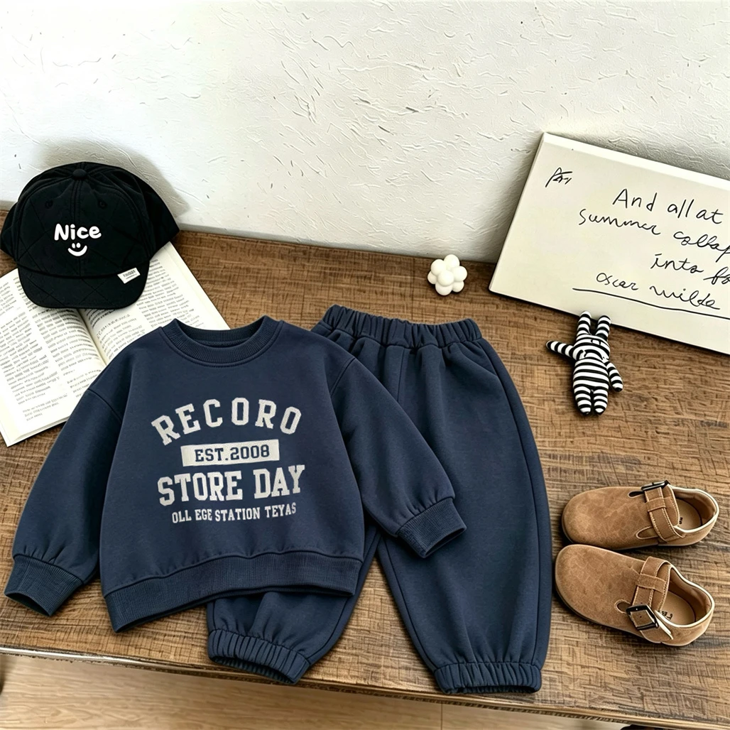 Abbigliamento Casual per Bambini, Completi a Maniche Lunghe, Nuovi Outfit Moda Primavera-Autunno, Set Semplice con Maglione a Collo Tondo e Pantaloni per Bambini - immagine 3