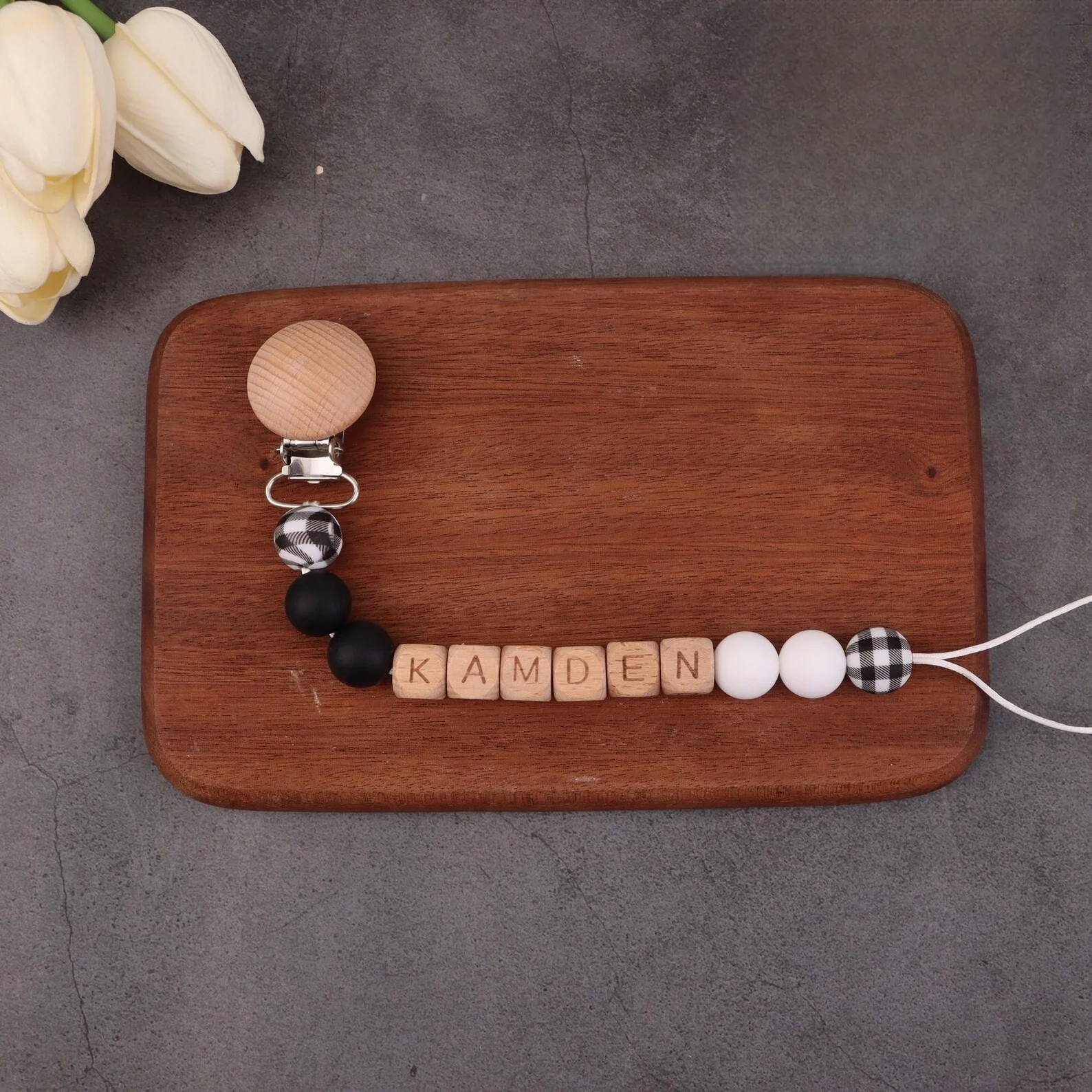 Custom Name Baby Pacifier Leash - Wooden Beads & Colorful Accents, Unique Soother Chain, Baby Essentials