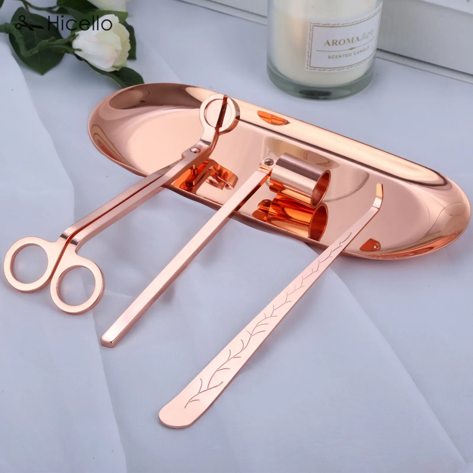 4pcs/set Candle Snuffer Trimmer Hook Tray Luxury Stainless Steel accessory Wick Holder Scissors Home Decoration Rose Gold Silver