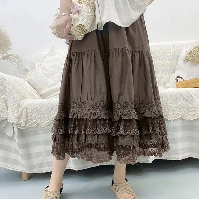 Mori Girl-Women's Lace Layer Cake Skirt, Kawaii, Cute, Casual, Loose, High Elastic Waist, Cotton Petticoat, Midi Skirts, Japan