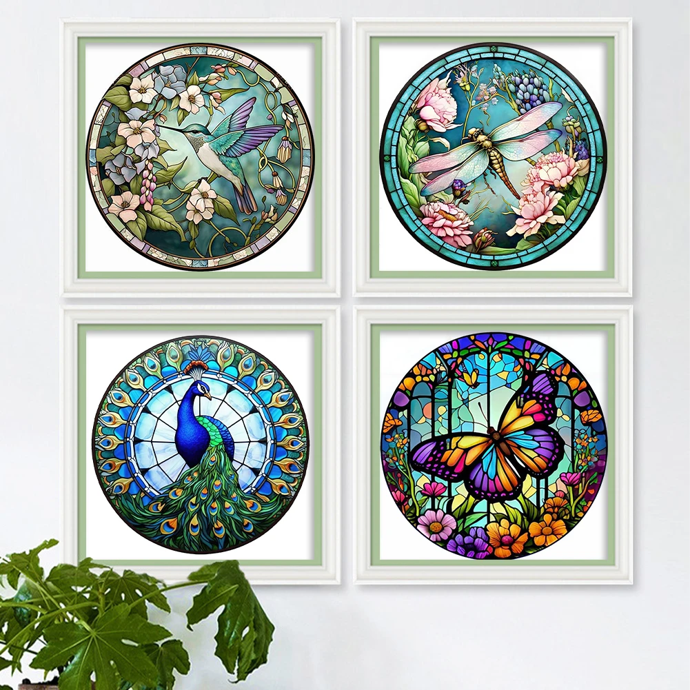 4pcs Full Embroidery Cotton Thread 18CT Print Stained Glass Cross Stitch 20x20cm