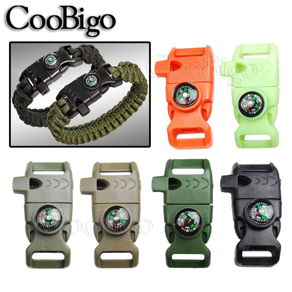 200pcs Compass Whistle Buckle With Scraper Colorful Plastic Outdoor