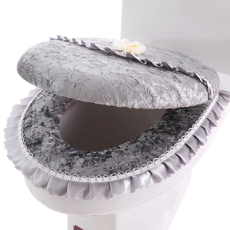 Gold Velvet Thicken Toilet Seat Cushion Zipper Design Waterproof Toilet Mat Solid Color Seat Cover Autumn Winter 2 Pc/Set