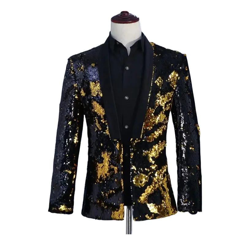 

Double Color Flipping Sequins Jacket Blazer Coat Novelty Gold Silver Outerwear Men Costume Prom Nightclub Singer Host Stage Wear