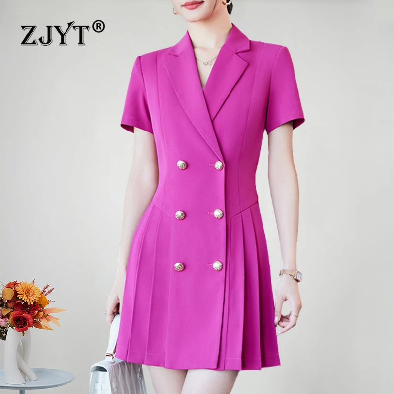 

ZJYT Summer Notched Blazer Dresses for Women Short Sleeve Double Breasted Office Lady Dress Elegant Work Wear Plus Size Clothing