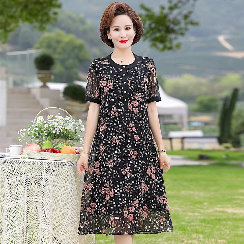 

Summer Chiffon Women Dress Print Slim Elegant Office Lady O -neck Party Dresses Casual Black Floral Midi Vestidos De Mujer