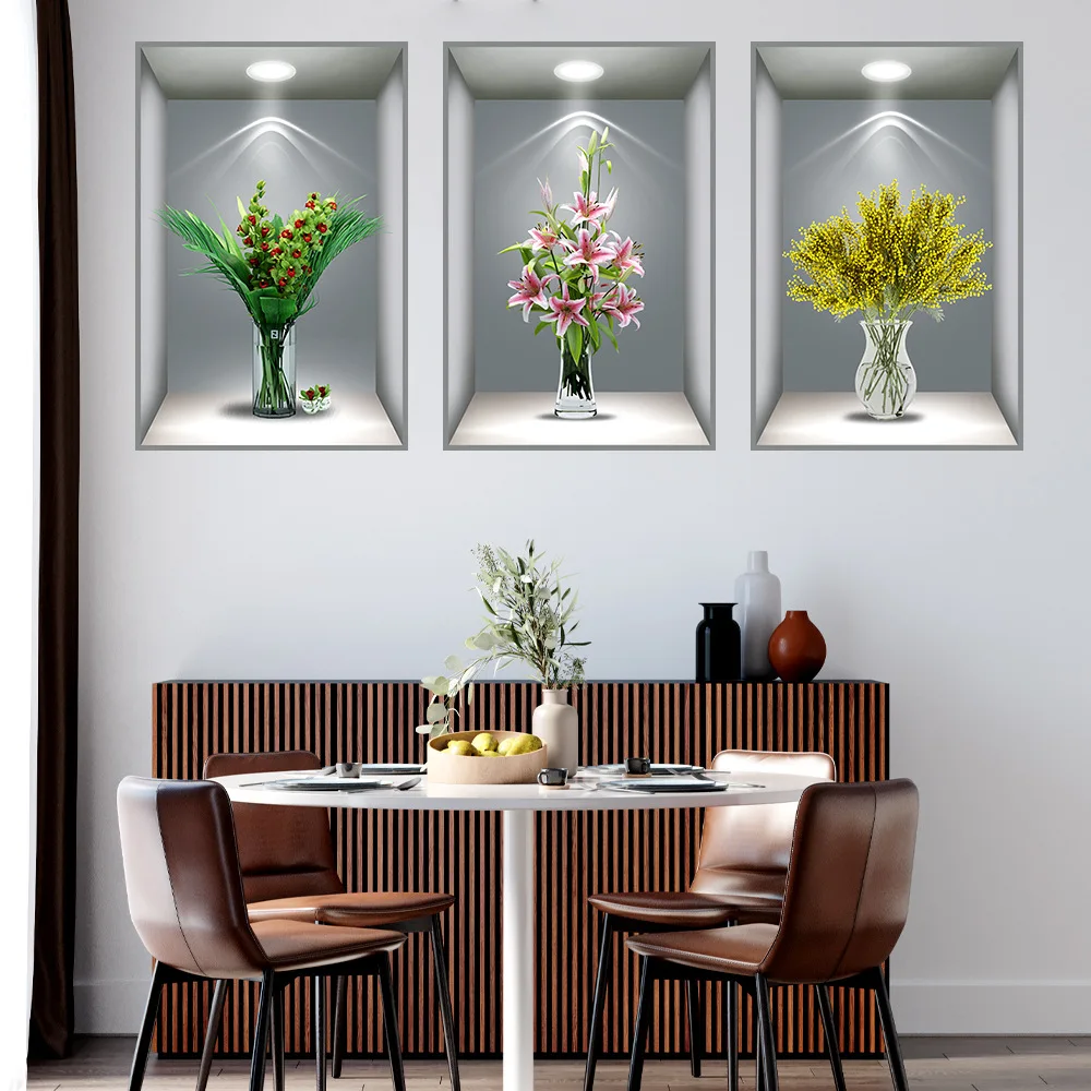 3D effect potted triptych posters hallway staircase decorative painting hotel restaurant wall plant stickers