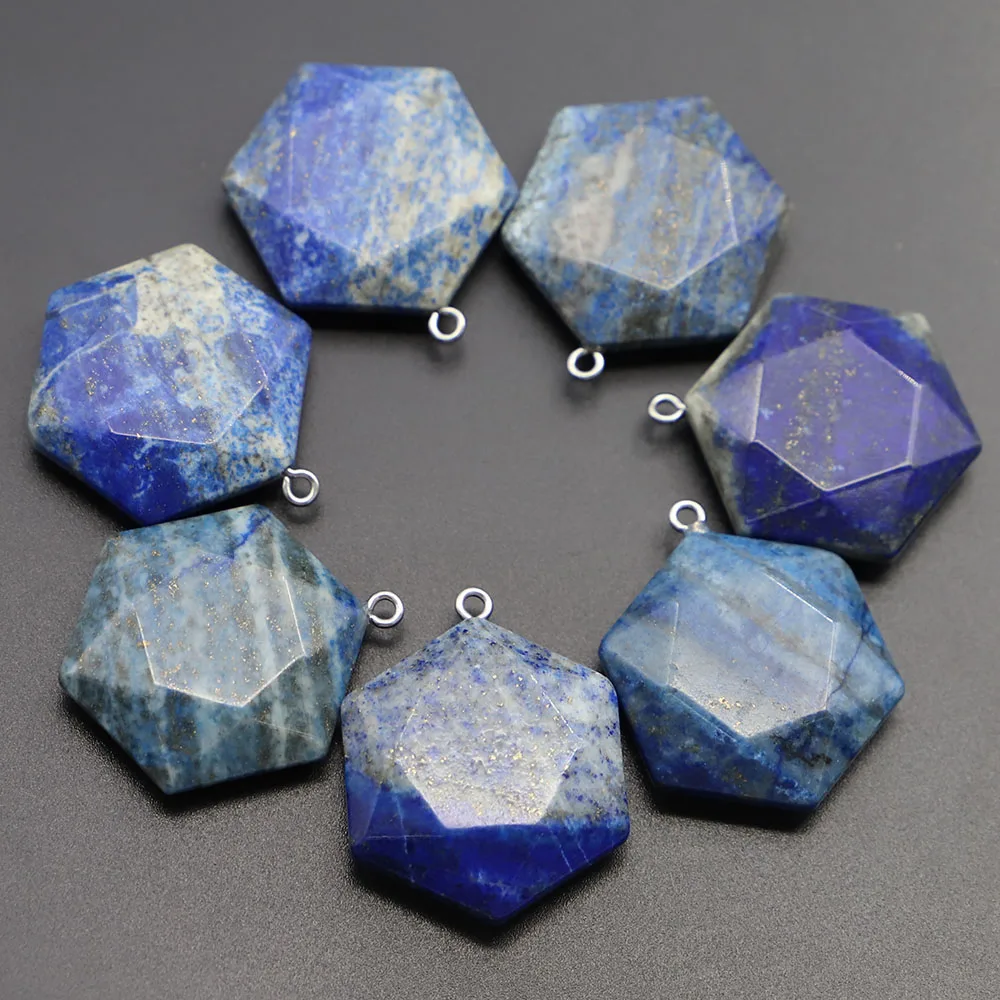 Good Quality New Natural Stone Lapis Lazuli Hexagon Faceted Necklace Pendants Charms Jewelry Accessories Making Wholesale 6Pcs