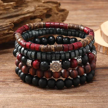 Conjunto de Pulseiras Retro: Estilo Cruz com Contas de Madeira e Concha de Coco