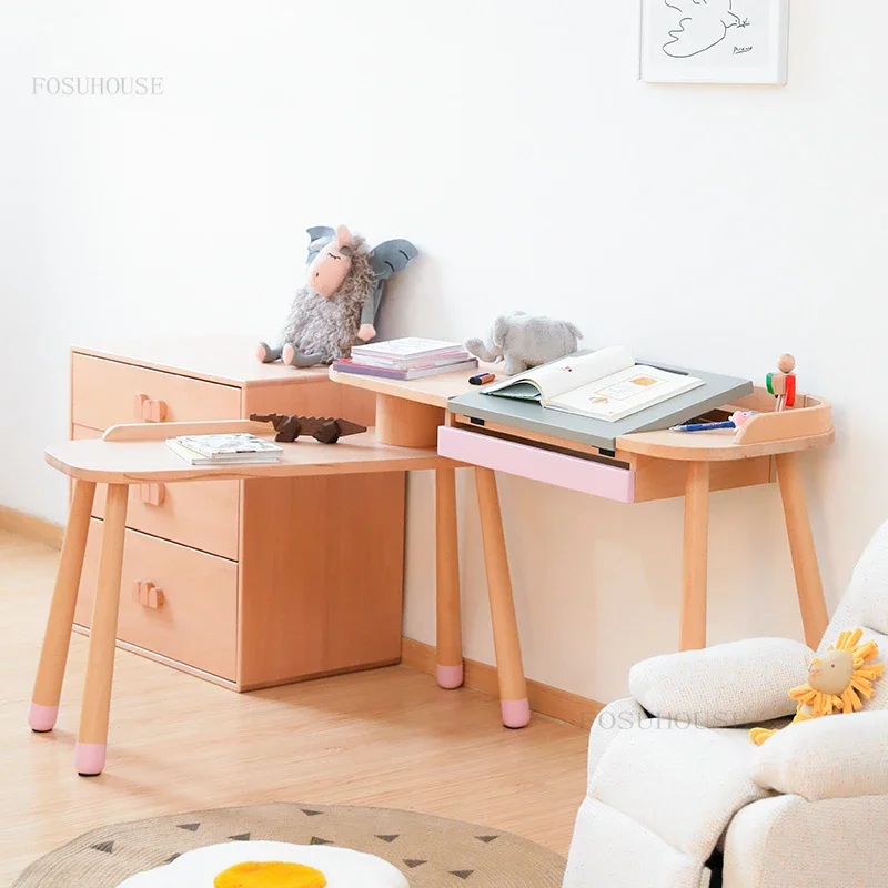 Solid Wood Nordic Small Apartment Children's Table Creative Designer Study Double Desk for School Learning Drawer Storage Tables