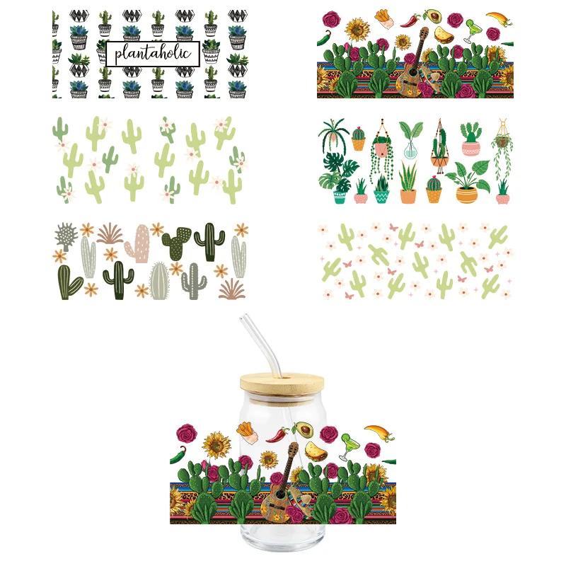 3D UV DTF Wrap Transfer Stickers Plants Cactus Design Colorful Decal Waterproof Wrap For Glasses Cups Mugs DIY Decal