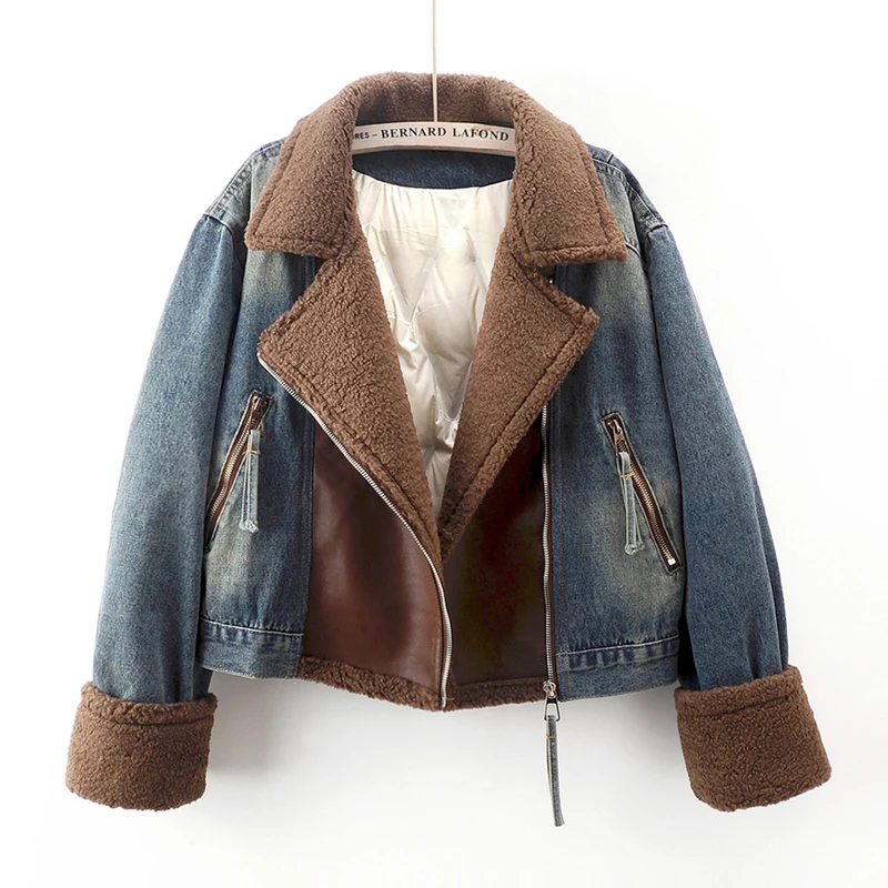 

Winter Thick Lambswool Splicing Down Liner Denim Jacket Women Cowboy Outerwear Vintage Loose Short Zipper Jeans Jacket Female