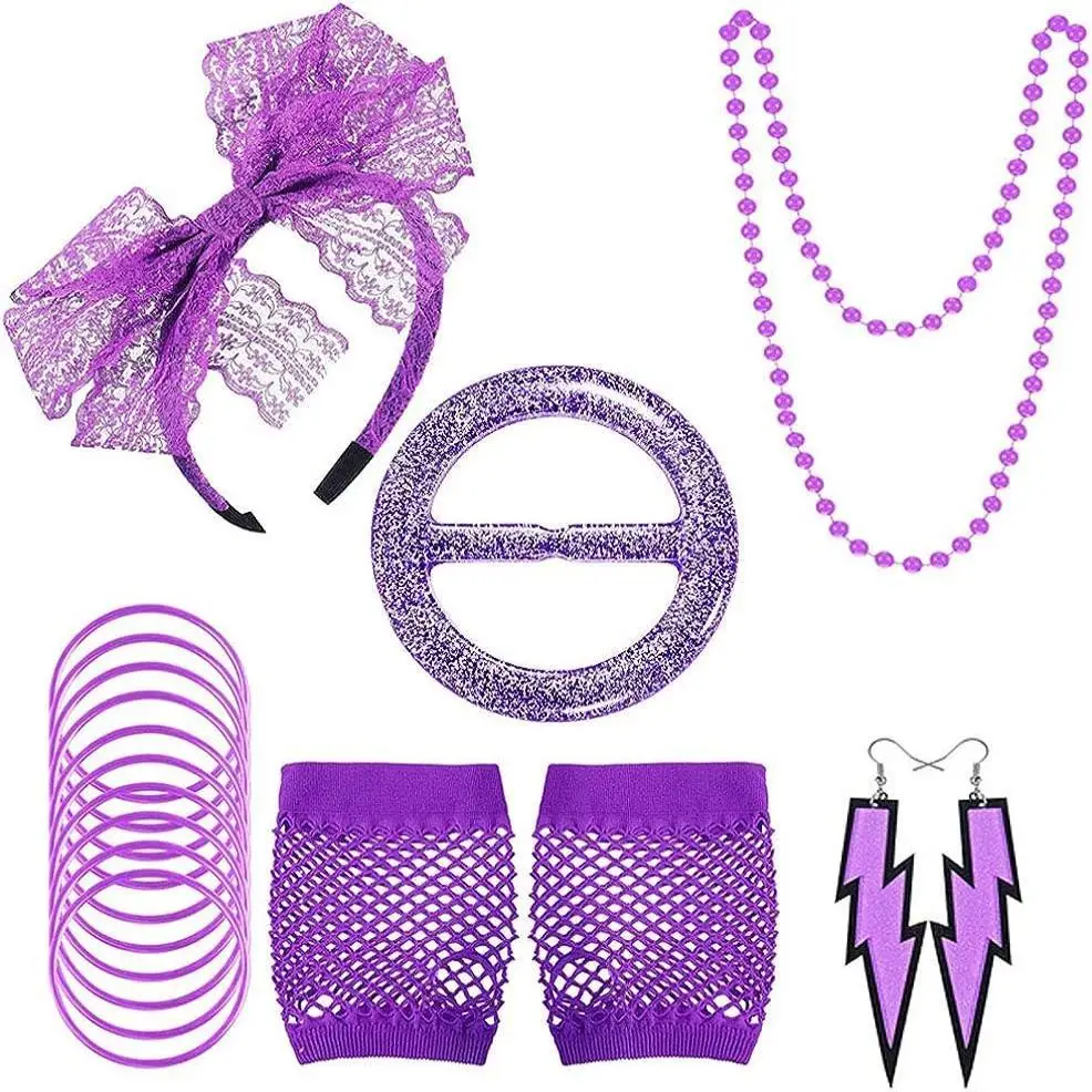 Easter, 80s retro outfit fancy dress accessories, headband earrings fishnet gloves leggings necklace bracelet set