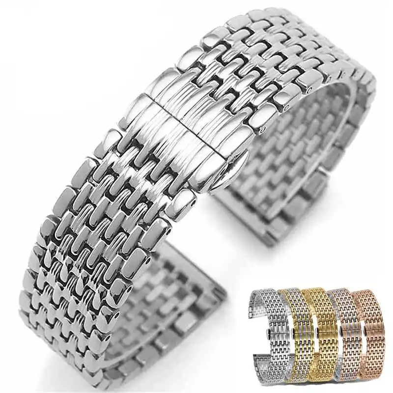 18mm 20mm 22mm Stainless Steel Solid Butterfly Buckle Bead of Rice Straight End Watch Band Strap Fit for All Watches