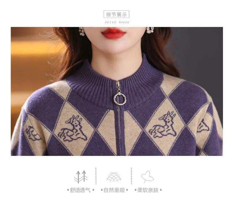Women's Korean Vintage Plaid Sweaters Cardigan Autumn Winter Casual All-match Stand Collar Zipper Knitted Tops Female Clothing
