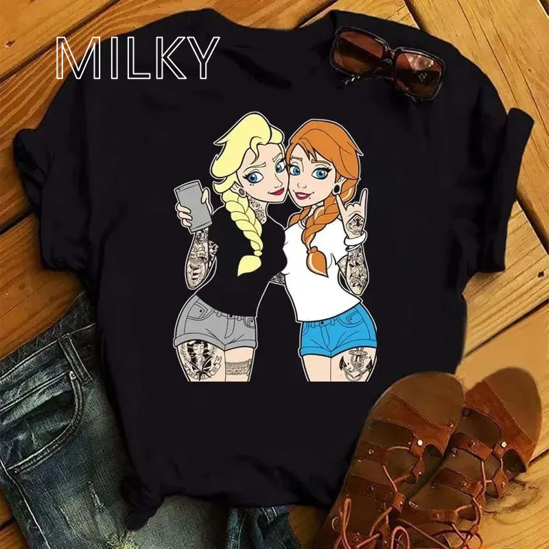 Punk Tattoo Princess Elsa Anna Printed T-Shirt Cartoon Summer