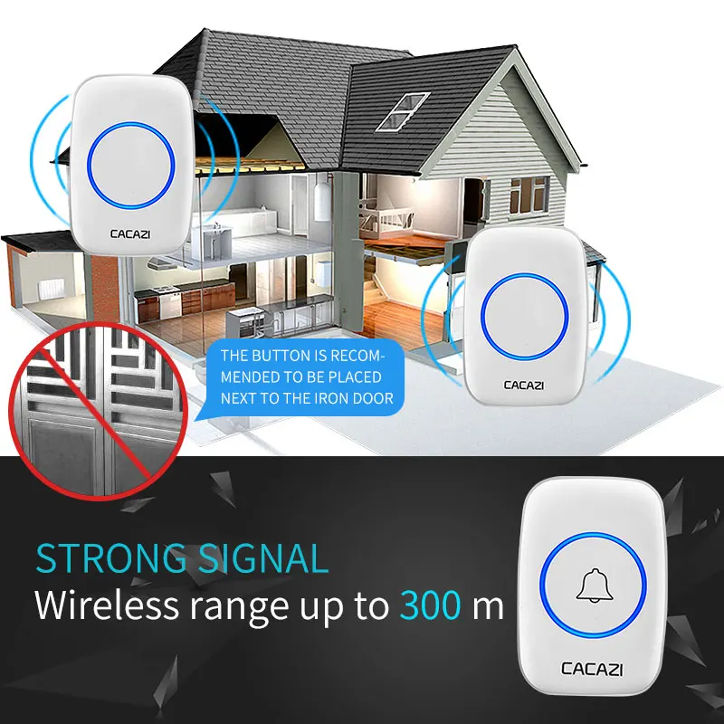Wireless Waterproof Doorbell 300m Range US EU UK Plug Home Intelligent Door Bell 60 chimes 0-110db Cordless Calling Bell for CACAZI wireless doorbell
