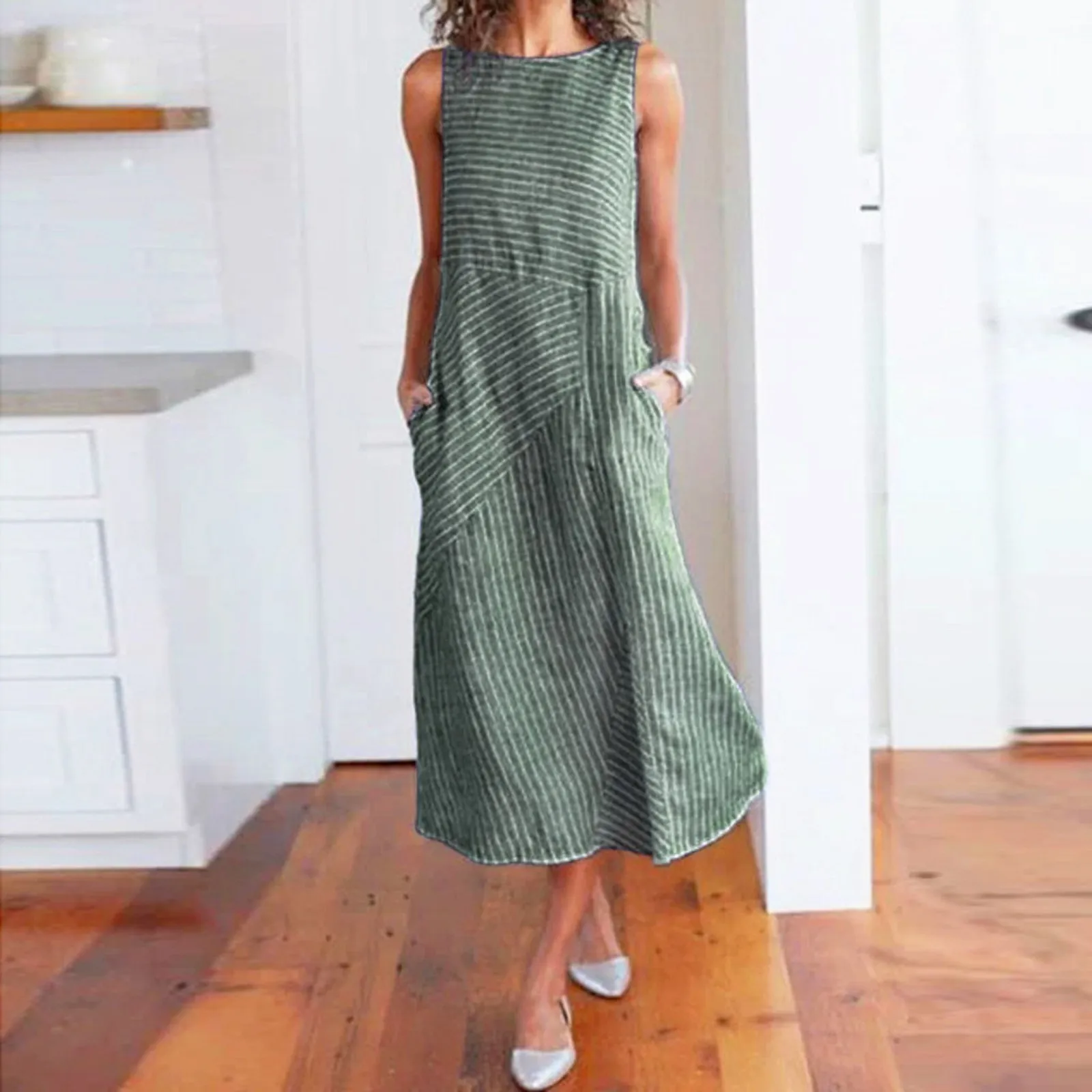 

Women Casual Dresses Striped Print Sleeveless Dress Neck Pocket Long Dress Cotton And Linen Dresses 2024 Vestido Mujer Verano