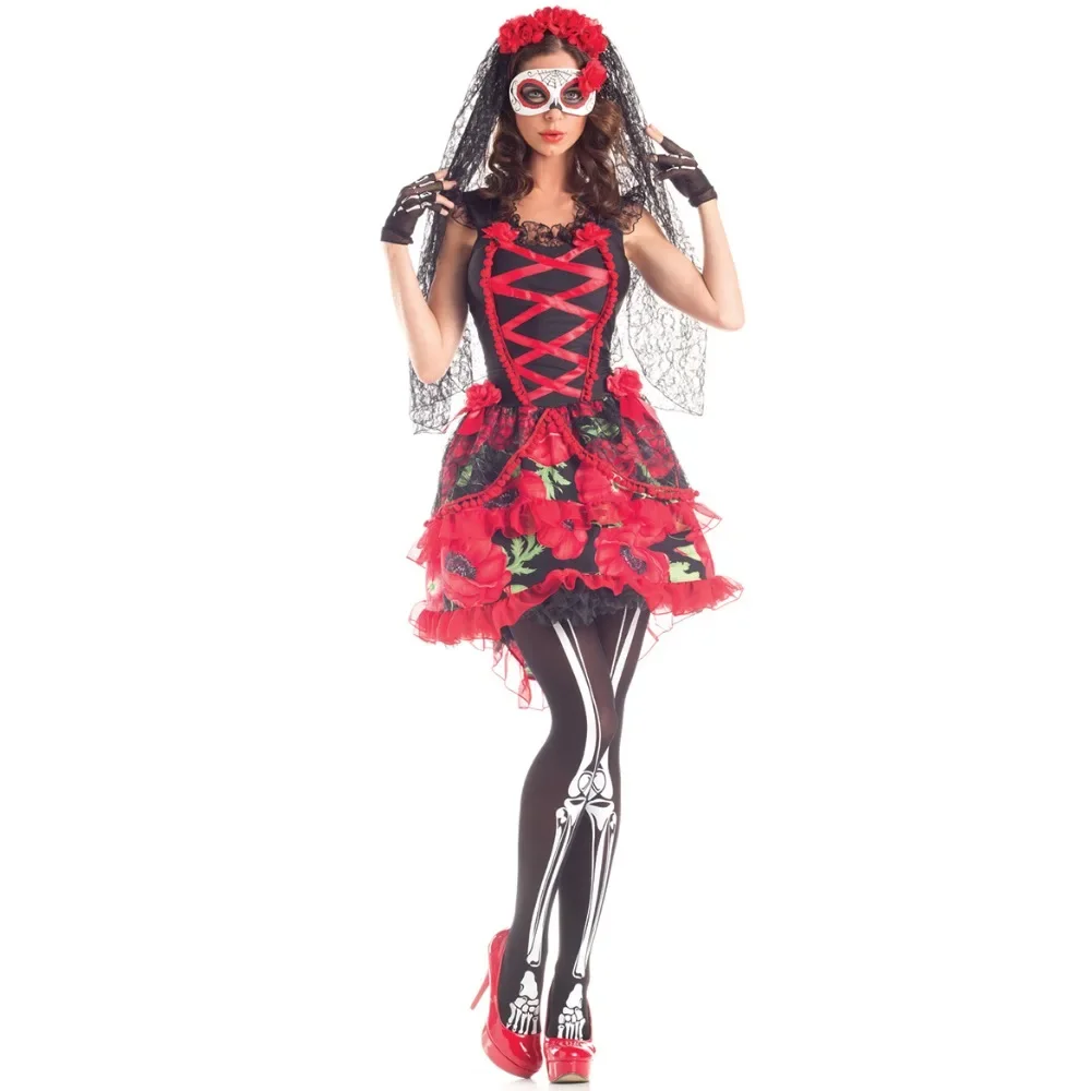 

Halloween Sugar Skull Flower Fairy Ghost Bride Cosplay Dress Day of The Dead Purim Evil Skeleton Scary Vampire Costume